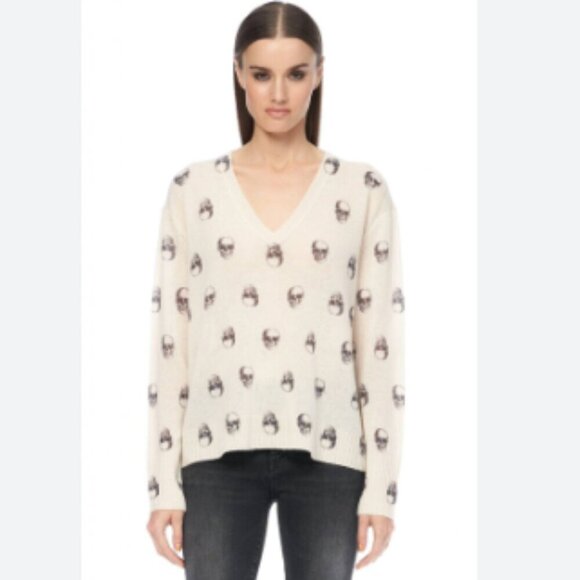 360 Cashmere Chalk Jolie V Neck Skull Sweater L - Picture 1 of 9
